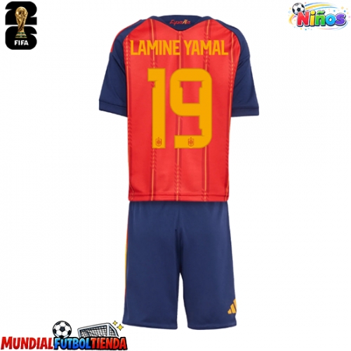 Camiseta España Lamine Yamal #19 Primera Equipación Replica Mundial 2026 para niños mangas cortas (+ Pantalones cortos)